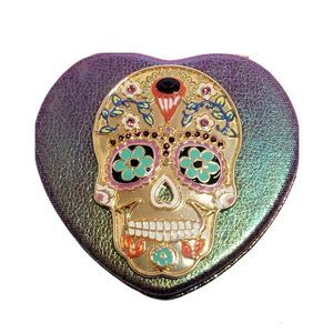 Vtg Mirror Compact‎ Mexican Skull Overlay Cinco De Mayo Purple Gold Green 2.5"